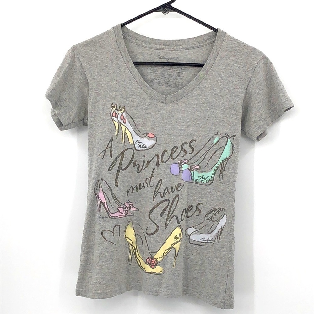 3/$25 Disney Size XS “A Princess Must Have Shoes” Fitted Glittery T-shirt V Neck